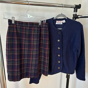 Vintage Set with Pleated Checkered Skirt and Navy Wool Cardigan